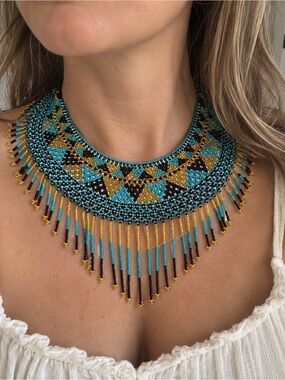 Handmade Beaded Bib Statement Necklace Turquoise Gold Brown Fringe